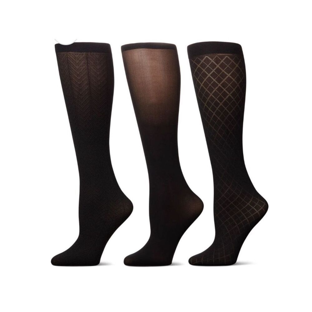 MeMoi Three Pack Black Herringbone/Solid/Diamonds Trouser Socks Women’s